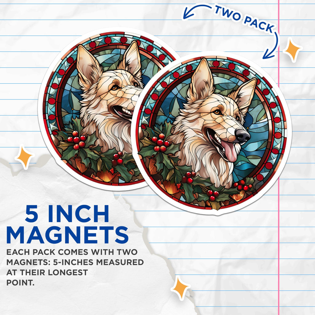 (2 Pack) Stained Glass German Shepherd Magnets - Christmas Dog Lover Decor - Festive Refrigerator Magnets for Pet Parents - 5 Inches On Longest Side - Thick Durable Magnet - Made in USA - MAG28172
