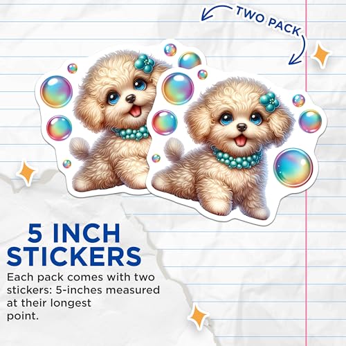 (2 Pack) Cute Puppy Stickers - Adorable Dog - Cartoon Animal - 5" On Longest Side - Sticks to Smooth Flat Surfaces - Made in USA - BMCS9618