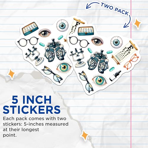 (2 Pack) Eye Doctor Stickers - Optometrist Office Decor - Vision Care Accessories - 5" On Longest Side - Sticks to Smooth Flat Surfaces - Made in USA - BMCS8076