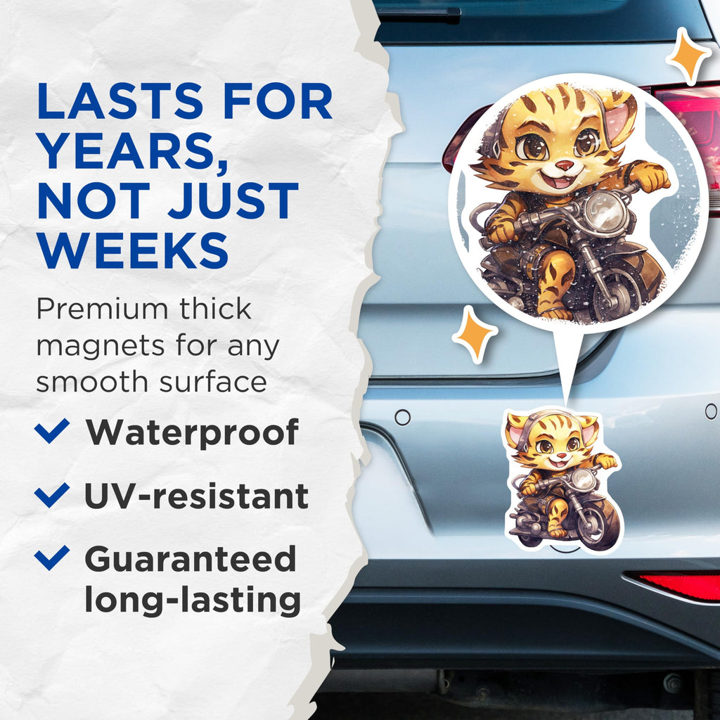 (2 Pack) Tiger on Motorcycle Magnets - Cute Animal Art - Fridge Magnets - 5" On Longest Side - Premium Magnet - for Cars, Refrigerators, Toolboxes, Lockers - Made in USA - MAG17047