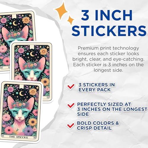 (3 Pack) Sphynx Cat Decals - Tarot Card Decal - Floral Cat Laptop Decal - 3 Inches On Longest Side - Easy Peel & Apply - Made in USA - 3MCS4087