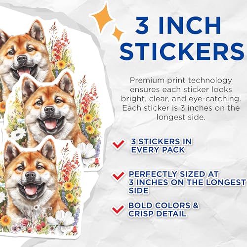 (3 Pack) Shiba Inu Decals - Floral Dog Stickers - Laptop Decal- 3 Inches On Longest Side - Easy Peel & Apply - Made in USA - 3MCS5317