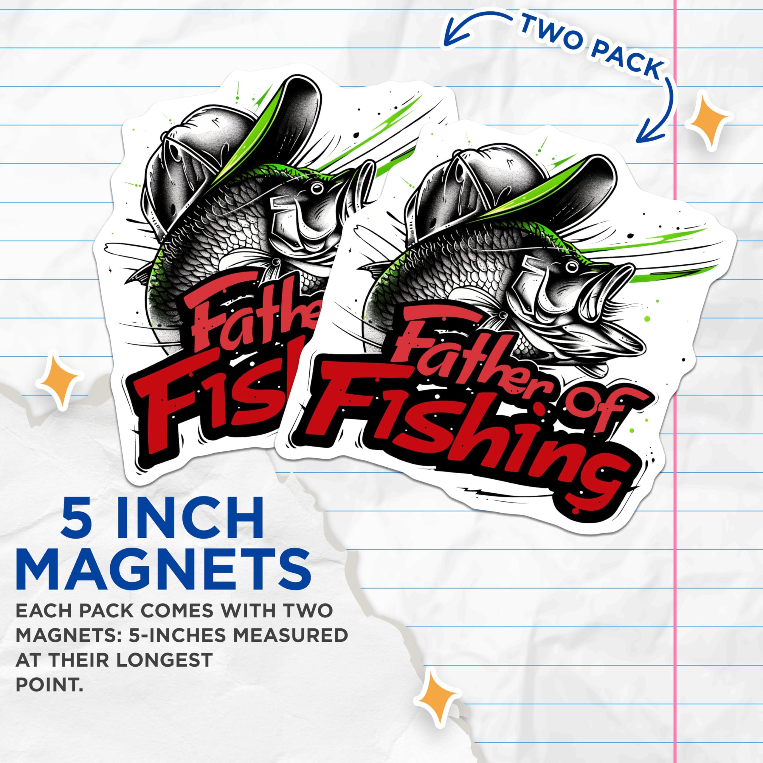 (2 Pack) Father of Fishing Magnets - Funny Fishing Magnets - Father's Day Fishing Decor - 5" On Longest Side - for Cars, Refrigerators, Toolboxes, Lockers - Made in USA BMCS3449