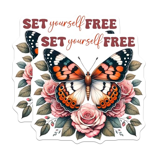 (2 Pack) Butterfly Floral Stickers - Inspirational Quote - Set Yourself Free Sticker Pack - 5" On Longest Side - Sticks to Smooth Flat Surfaces - Made in USA - BMCS9736