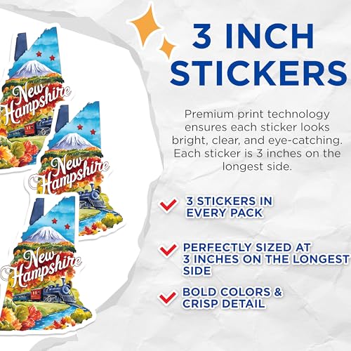 (3 Pack) New Hampshire Decals - Train Art Stickers - Laptop Decals- 3 Inches On Longest Side - Easy Peel & Apply - Made in USA - 3MCS5054