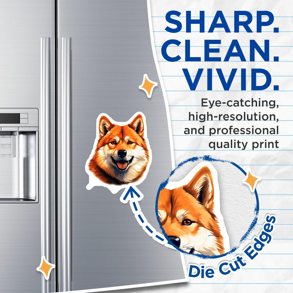 (2 Pack) Shiba Inu Magnets - Happy Dog Face Art - Cute Pet Refrigerator Decor - Canine Lover Locker Accessory - 5 Inches On Longest Side - Thick Durable Magnet - Made in USA - MAG23614