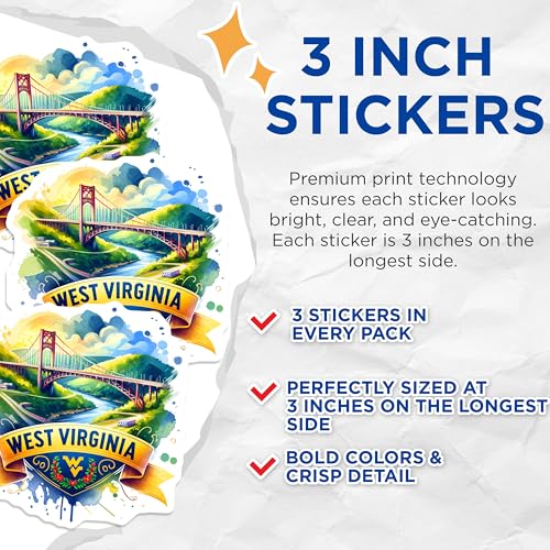 (3 Pack) West Virginia Decals - Watercolor Art - State Pride Sticker- 3 Inches On Longest Side - Easy Peel & Apply - Made in USA - 3MCS5470