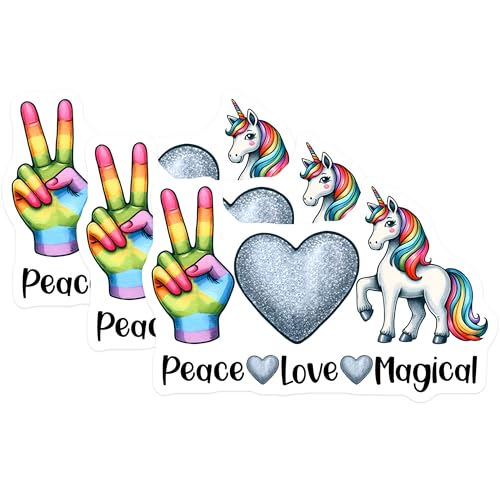 (3 Pack) Unicorn Peace Love Decals - Rainbow Peace Sign - Magical Laptop Decal - 3 Inches On Longest Side - Easy Peel & Apply - Made in USA - 3MCS6821