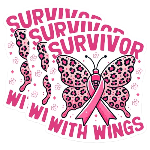 (3 Pack) Breast Cancer Decals - Survivor with Wings Decal - Leopard Butterfly Decal - 3 Inches On Longest Side - Easy Peel & Apply - Made in USA - 3MCS4575