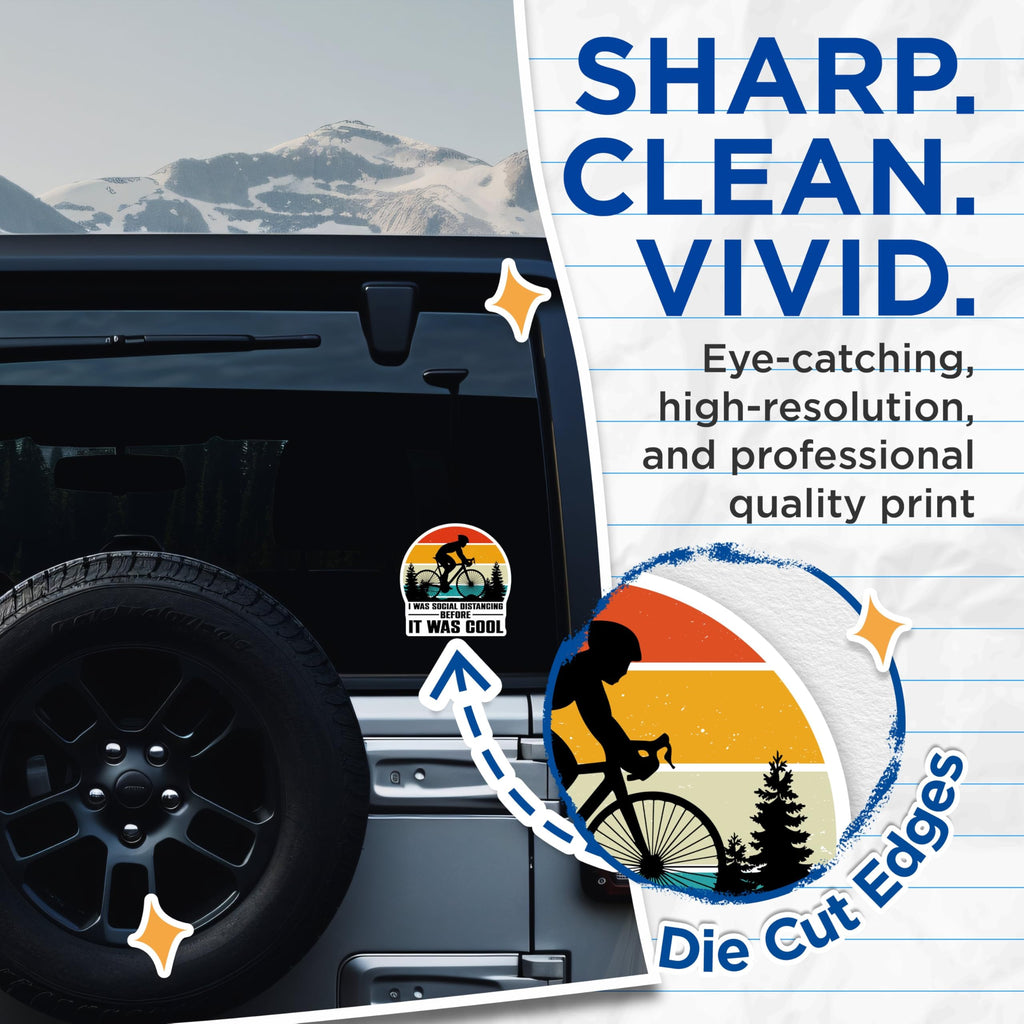 (2 Pack) Social Distancing Cycling Stickers - Cycling Enthusiast Decal - Retro Cyclist Sticker - 5" On Longest Side - Sticks to Smooth Flat Surfaces - Made in USA - BMCS4099