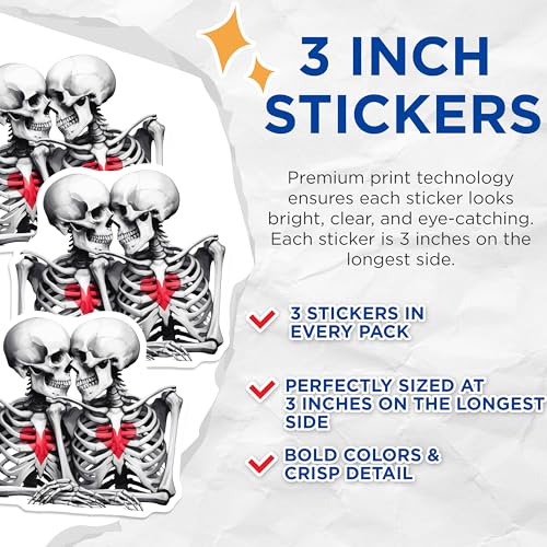 (3 Pack) Skeleton Lovers Decals - Anatomy Love - Romantic Skulls- 3 Inches On Longest Side - Easy Peel & Apply - Made in USA - 3MCS5640