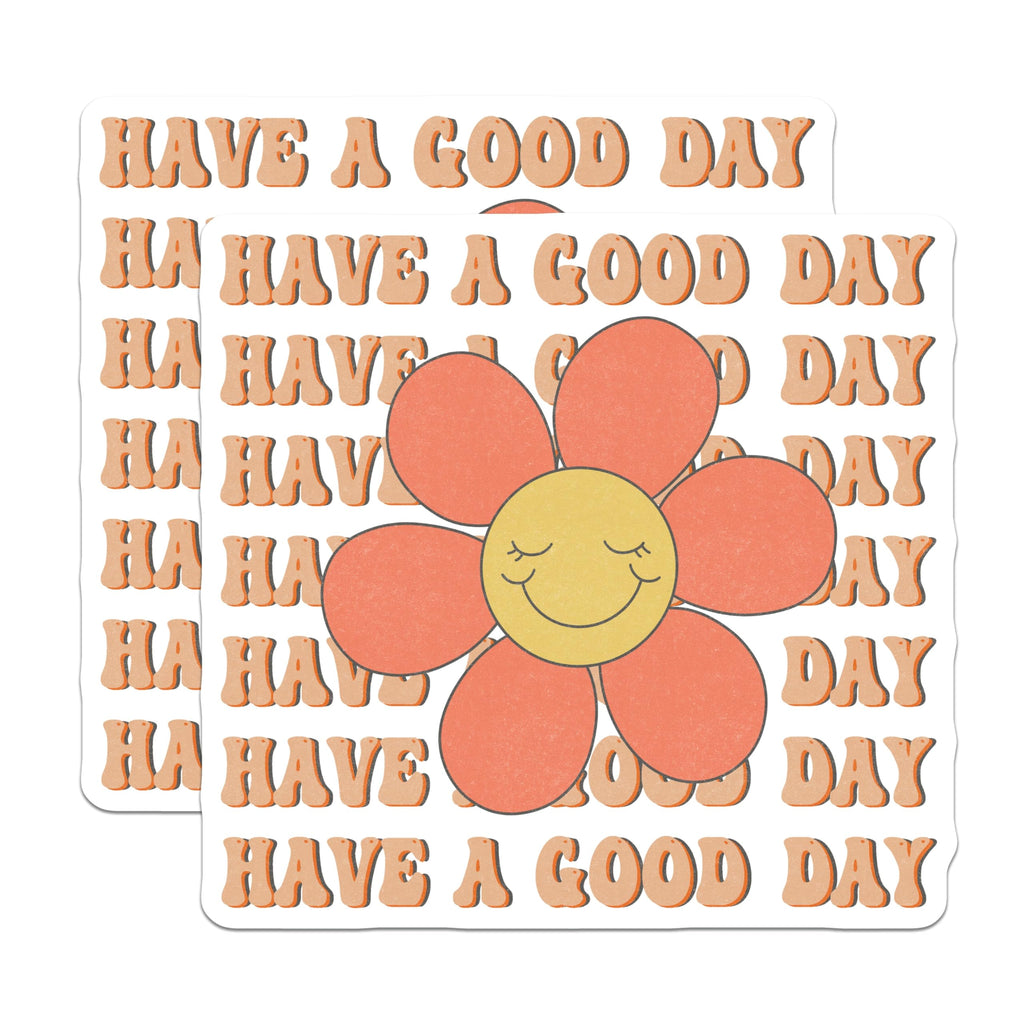 (2 Pack) Good Day Stickers - Retro Flower - Smiley Face - 5" On Longest Side - Sticks to Smooth Flat Surfaces - Made in USA - BMCS15026
