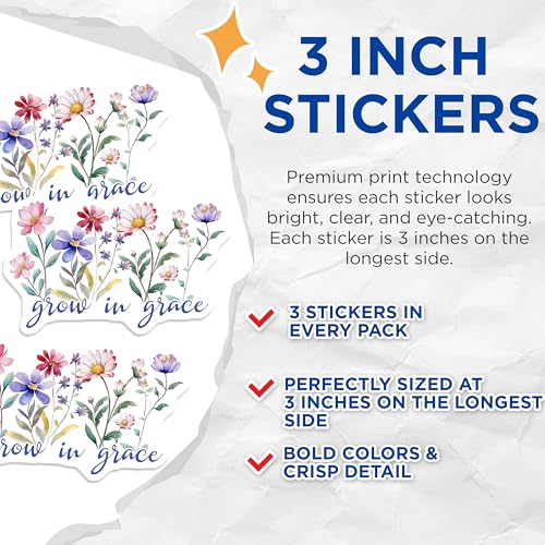 (3 Pack) Grow in Grace Decals - Floral Laptop Decal - Inspirational Quote - 3 Inches On Longest Side - Easy Peel & Apply - Made in USA - 3MCS7335