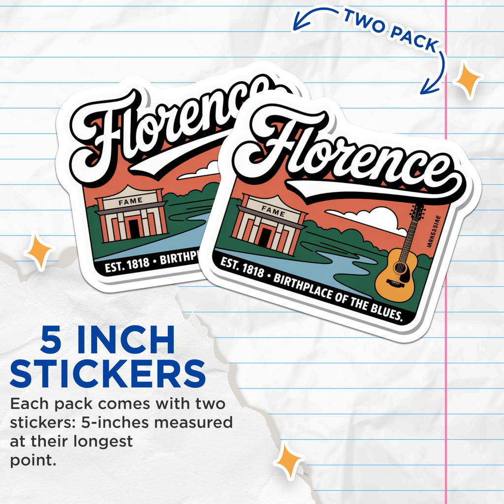 (2 Pack) Florence Alabama Stickers - Birthplace of Blues - Musical Fame Stickers - 5" On Longest Side - Sticks to Smooth Flat Surfaces - Made in USA - BMCS18146