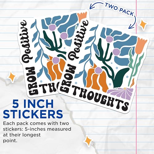 (2 Pack) Grow Positive Thoughts Stickers - Motivational Floral Stickers - Inspirational Plant Stickers - 5" On Longest Side - Sticks to Smooth Flat Surfaces - Made in USA - BMCS3837