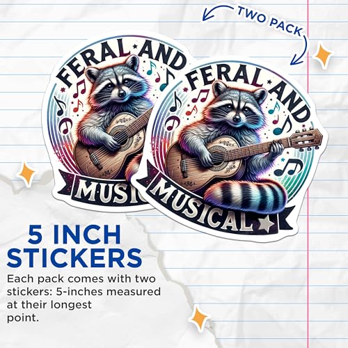 (2 Pack) Feral and Musical Stickers - Raccoon Playing Guitar Stickers - Cute Animal Music Stickers - 5" On Longest Side - Sticks to Smooth Flat Surfaces - Made in USA - BMCS4542