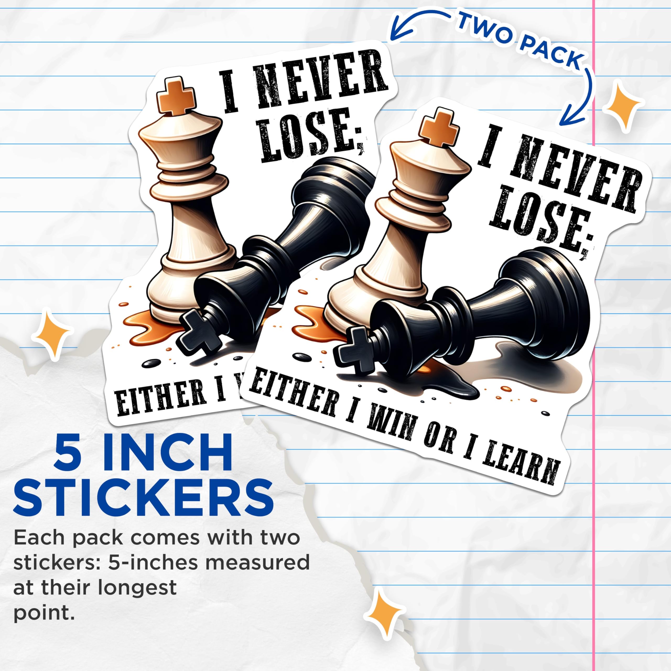 (2 Pack) Inspirational Chess Stickers - Motivational Chess Pieces Stickers - Win or Learn Quote Stickers - 5" On Longest Side - Sticks to Any Smooth Flat Surface - Made in USA - BMCS3193