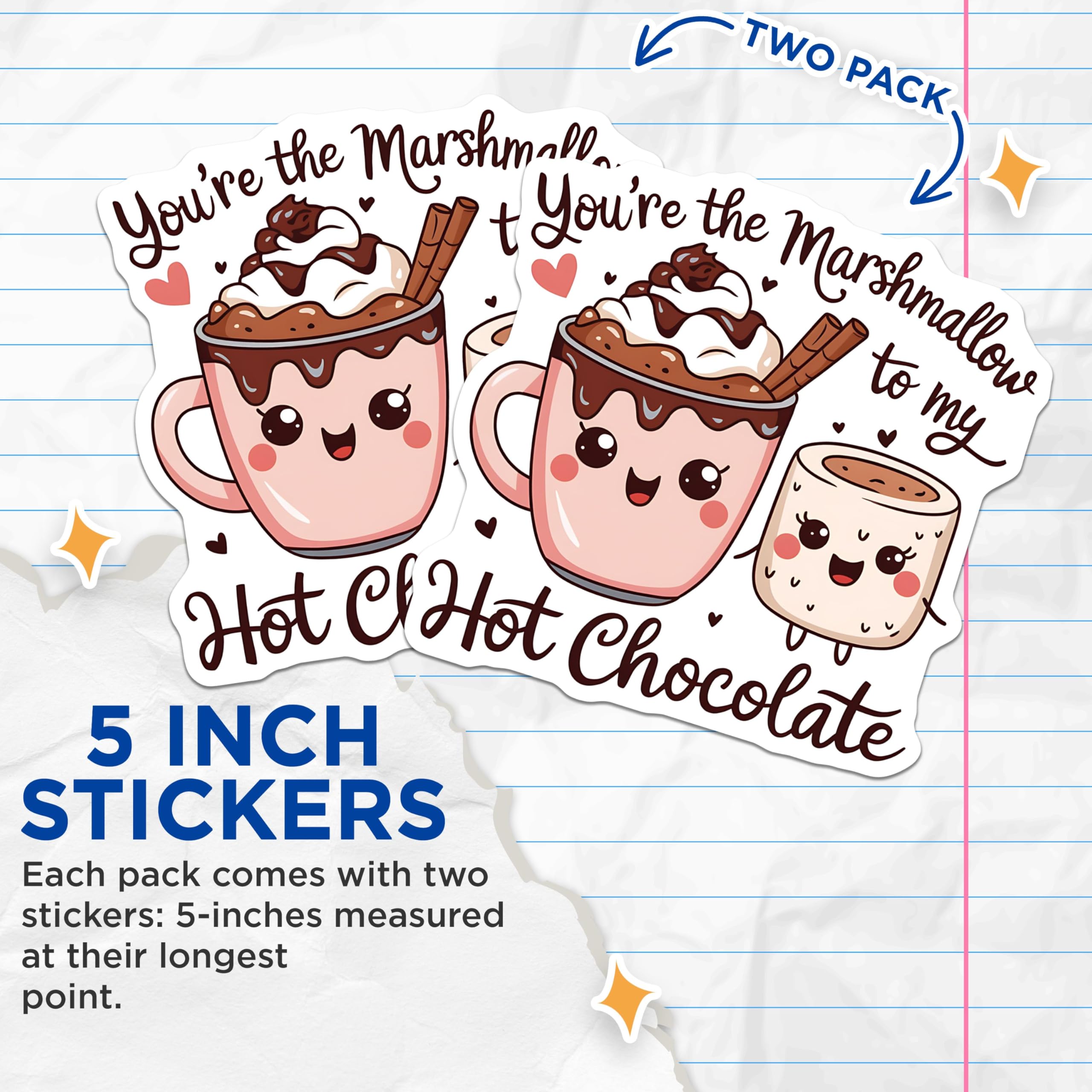 (2 Pack) Marshmallow Hot Chocolate Stickers - Cute Food Stickers - Cocoa Drink Stickers for Laptop and Water Bottle - 5" On Longest Side - Sticks to Smooth Flat Surfaces - Made in USA - BMCS5160