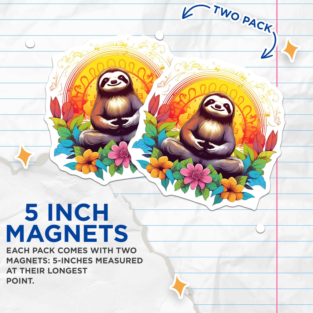(2 Pack) Meditating Sloth Magnets - Yoga Animal Art - Zen Relaxation Decor - 5 Inches On Longest Side - Thick Durable Magnet - Made in USA - MAG22112