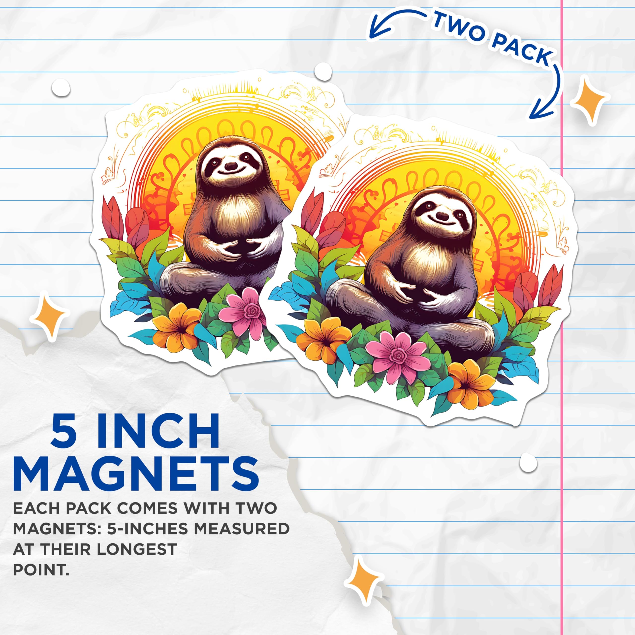 (2 Pack) Meditating Sloth Magnets - Yoga Animal Art - Zen Relaxation Decor - 5 Inches On Longest Side - Thick Durable Magnet - Made in USA - MAG22112