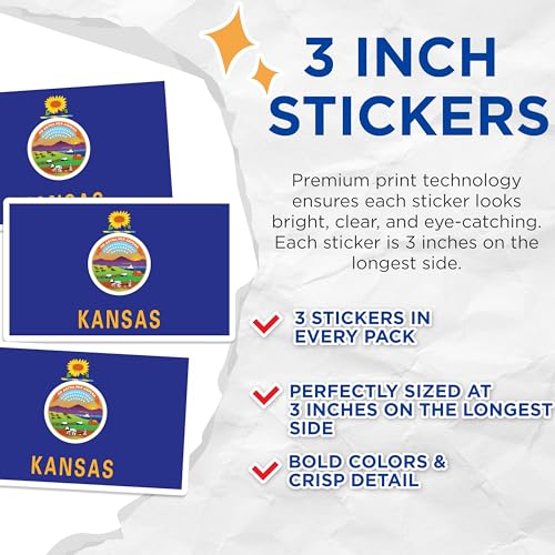 (3 Pack) Kansas Flag Decals - State Pride - Laptop Decals - 3 Inches On Longest Side - Easy Peel & Apply - Made in USA - 3MCS0188