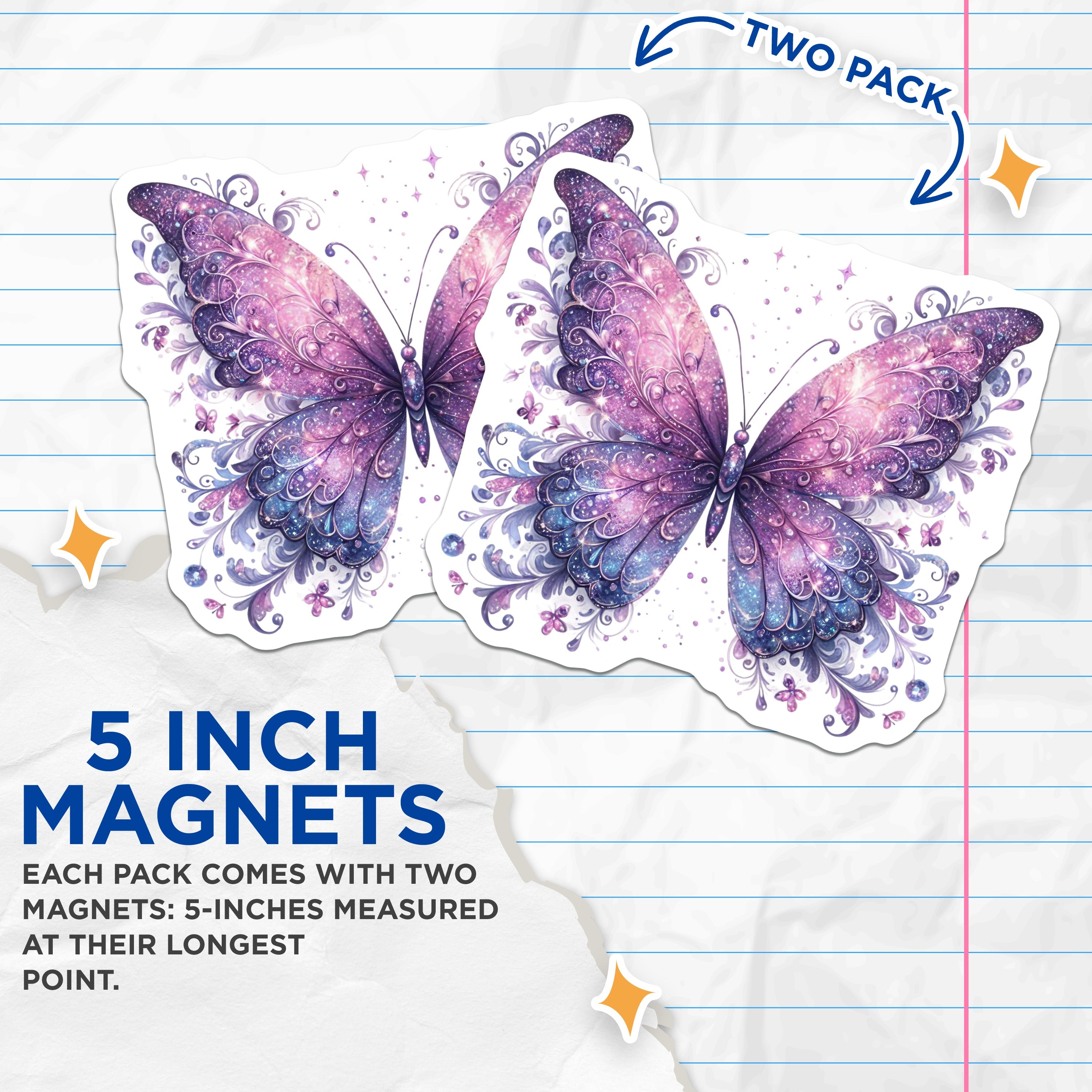 (2 Pack) Galaxy Butterfly Magnets - Ethereal Purple Wings - Fantasy Decor Accessory - Mystical Fridge Display - 5 Inches On Longest Side - Thick Durable Magnet - Made in USA - MAG38434