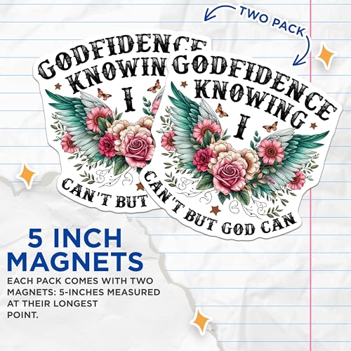 (2 Pack) Godfidence Knowing I Can't But God Can Magnets - Floral Religious Magnets - Inspirational Faith Magnets - 5" On Longest Side - for Cars, Fridges, Toolboxes - Made in USA - MAG4074