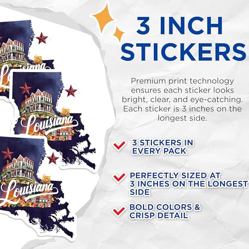 (3 Pack) Louisiana Decals - State Pride Stickers - Laptop Decor Decal- 3 Inches On Longest Side - Easy Peel & Apply - Made in USA - 3MCS5063