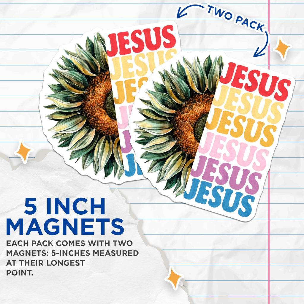(2 Pack) Jesus Sunflower Magnets - Christian Floral Magnets - Religious Home Decors - 5" On Longest Side - Premium Magnet - for Cars, Refrigerators, Toolboxes, Lockers - Made in USA - MAG15933
