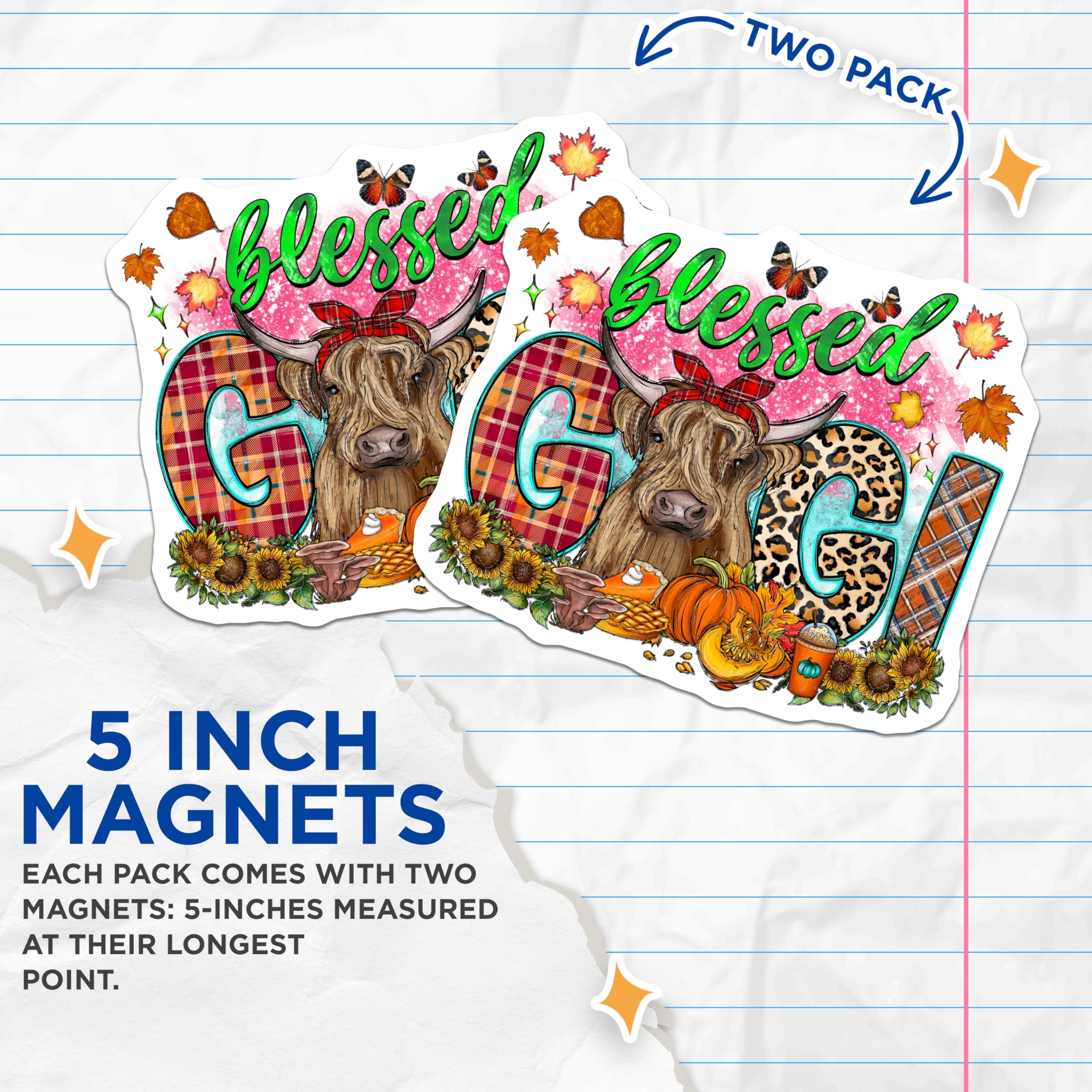(2 Pack) Gigi Blessed Highland Cow Magnets - Autumn Farmhouse Decor - Fall Grandparent Gift - 5 Inches On Longest Side - Thick Durable Magnet - Made in USA - MAG26897