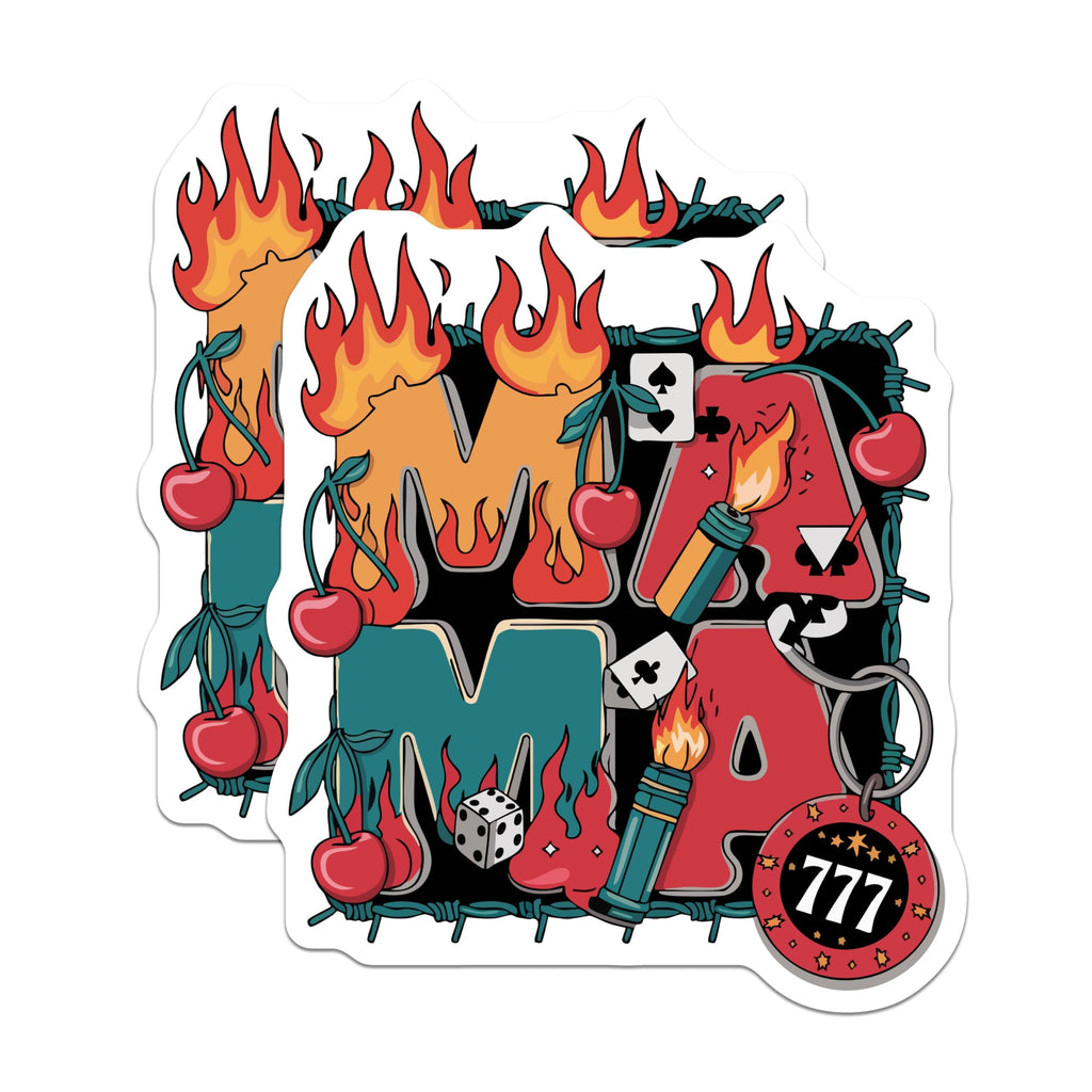 (2 Pack) Mama Magnets - Edgy Tattoo Artwork - Retro Flame Cherries 777 Lucky Dice Barbed Wire - 5 Inches On Longest Side - Thick Durable Magnet - Made in USA - MAG22836
