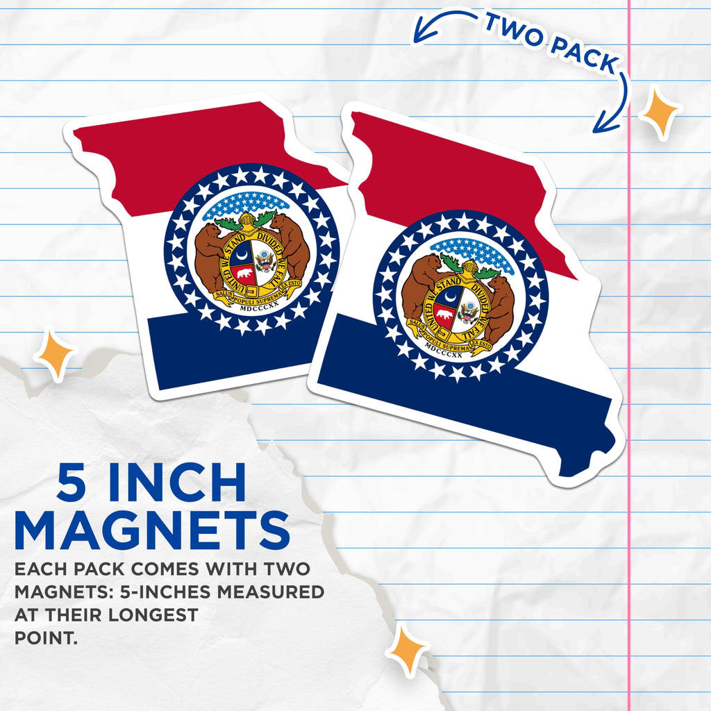 (2 Pack) Missouri State Flag Magnets - State Seal Emblem - Show Me State Collectible - Patriotic American Fridge Decor - 5 Inches On Longest Side - Thick Durable Magnet - Made in USA - MAG20842