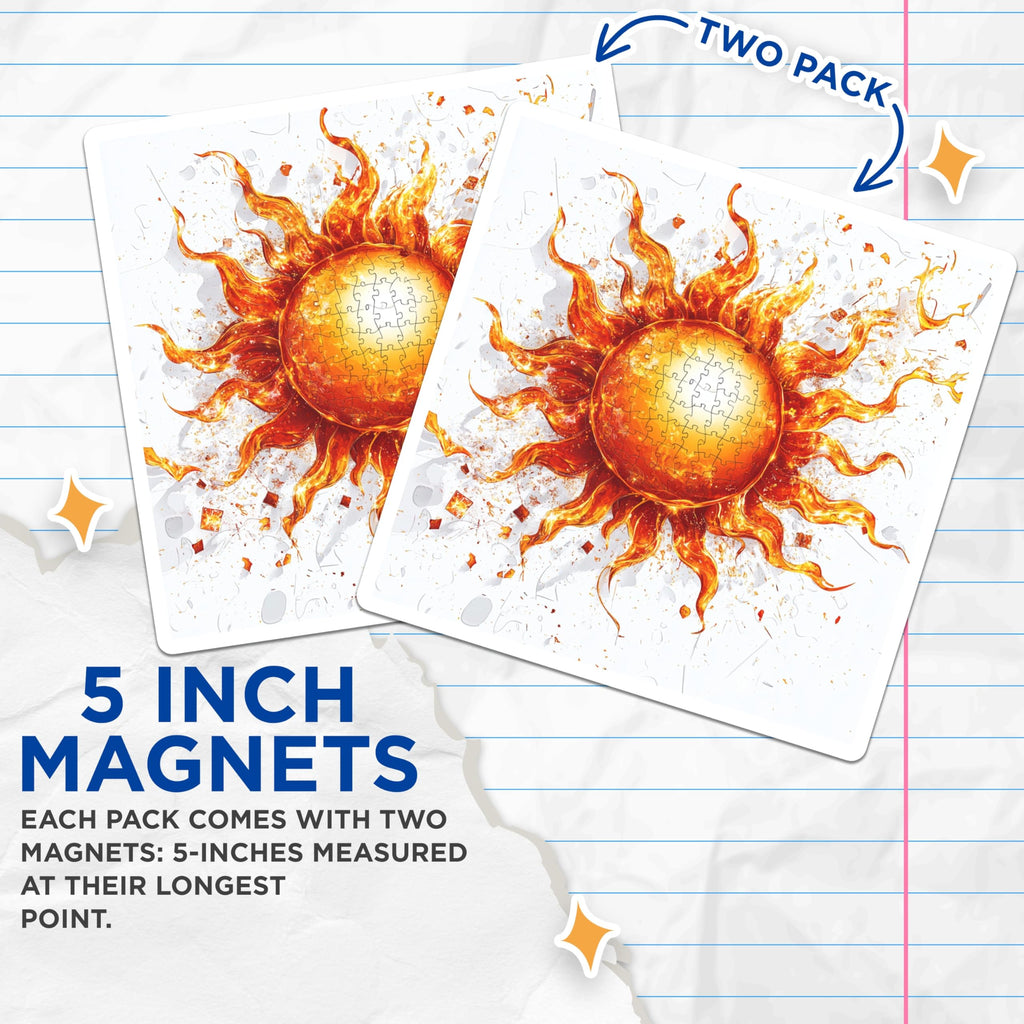 (2 Pack) Fiery Sun Magnets - Puzzle Art Decor - Vibrant Celestial Accent - 5 Inches On Longest Side - Thick Durable Magnet - Made in USA - MAG29002