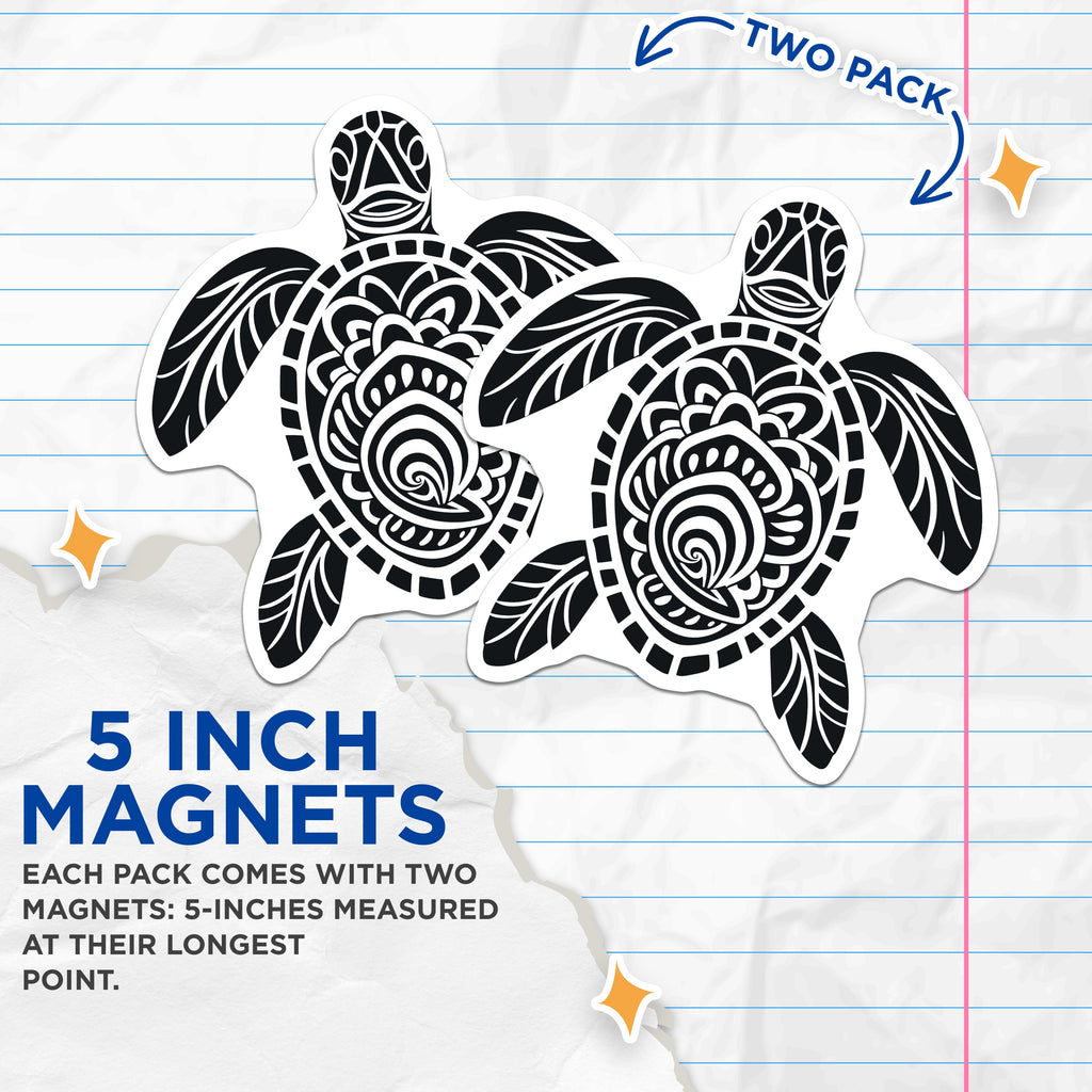 (2 Pack) Hawaiian Sea Turtle Magnets - Tribal Ocean Design - Beach Aesthetic Decor - 5 Inches On Longest Side - Thick Durable Magnet - Made in USA - MAG39420