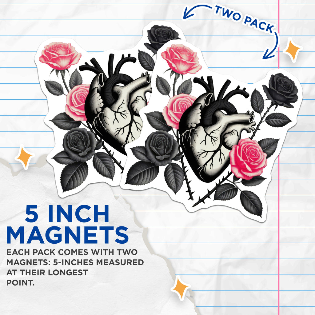 (2 Pack) Anatomical Heart Roses Magnets - Gothic Floral Art - Dark Romantic Aesthetic Decor - 5 Inches On Longest Side - Thick Durable Magnet - Made in USA - MAG38031