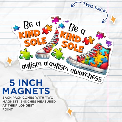 (2 Pack) Be a Kind Sole Magnets - Autism Awareness Magnets - Colorful Puzzle Piece Magnets for Fridge - 5" On Longest Side - for Cars, Refrigerators, Toolboxes, Lockers - Made in USA BMCS3200