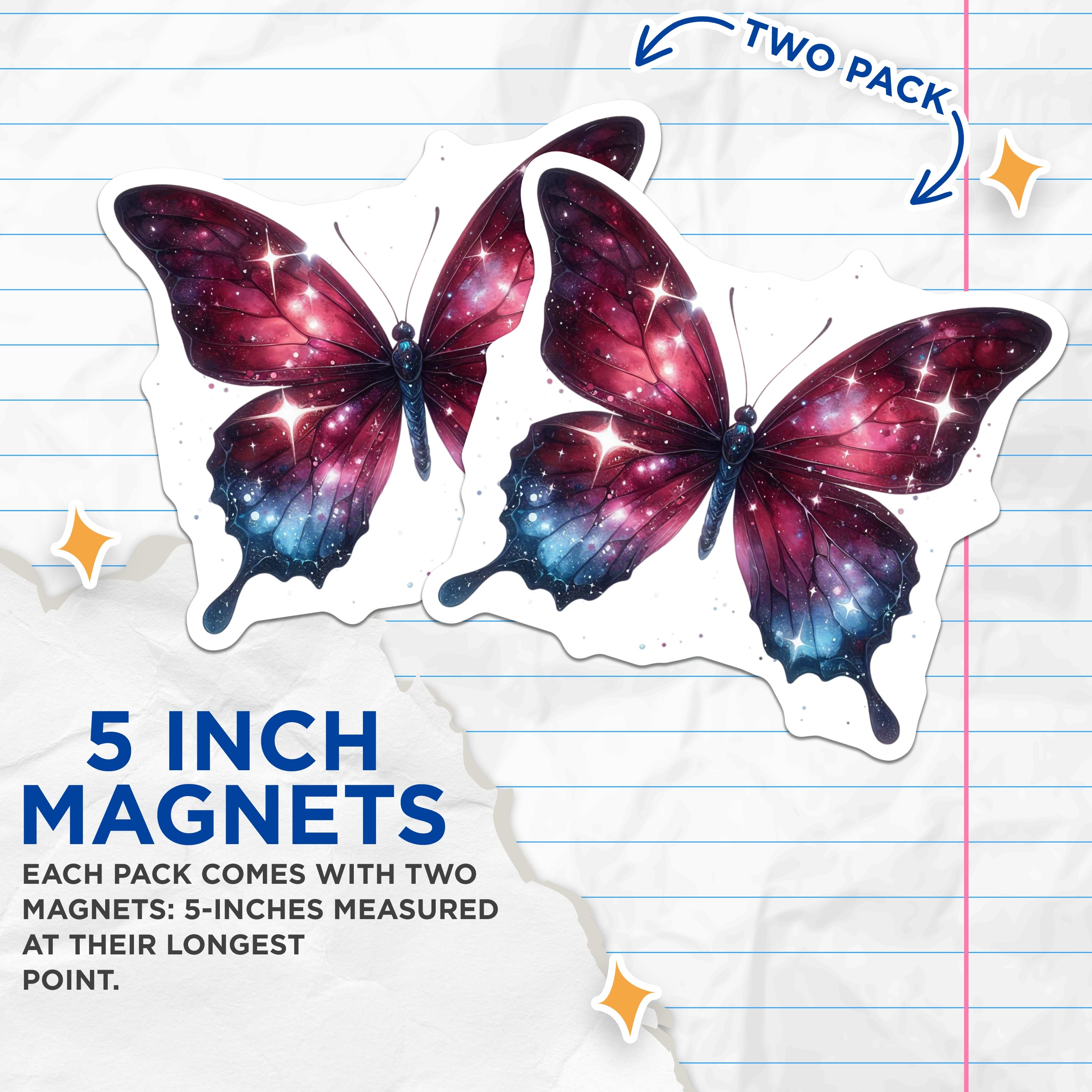 (2 Pack) Galaxy Butterfly Magnets - Celestial Fridge Decor - Whimsical Locker Art for Home - 5 Inches On Longest Side - Thick Durable Magnet - Made in USA - MAG39552