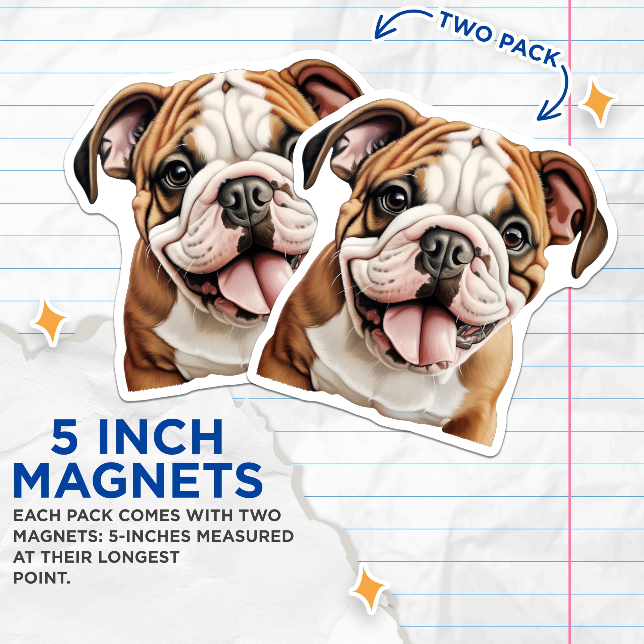 (2 Pack) Cute Bulldog Puppy Magnets - Happy Dog Lover Refrigerator Decor - Animal Pet Fridge Accents - 5 Inches On Longest Side - Thick Durable Magnet - Made in USA - MAG25463