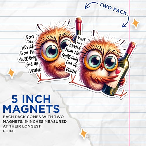 (2 Pack) Cute Owl Wine Magnets - Funny Owl Magnets - Drunk Owl Magnets- 5" On Longest Side - for Fridges, Toolboxes, Cars - Made in USA - MAG2926