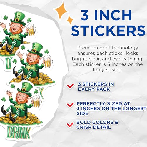 (3 Pack) Leprechaun Drink Decals - St Patricks Day - Irish Beer Lover - 3 Inches On Longest Side - Easy Peel & Apply - Made in USA - 3MCS7163