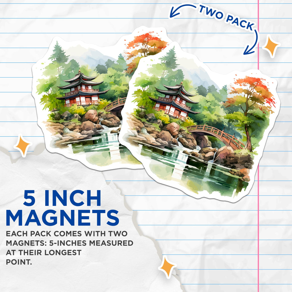 (2 Pack) Japanese Garden Magnets - Asian Pagoda Art - Zen Landscape - Nature Scene Decor - 5 Inches On Longest Side - Thick Durable Magnet - Made in USA - MAG19681