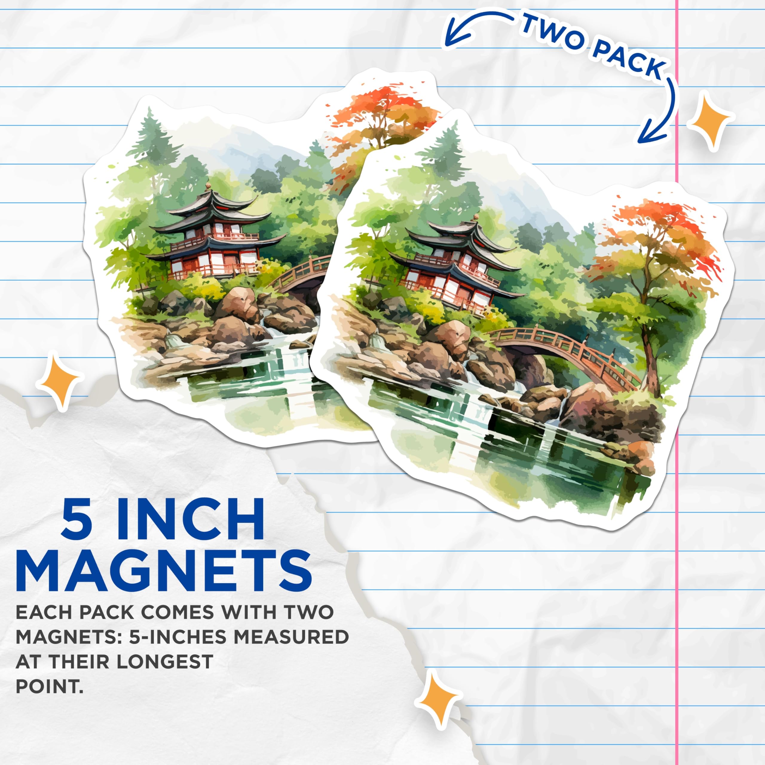 (2 Pack) Japanese Garden Magnets - Asian Pagoda Art - Zen Landscape - Nature Scene Decor - 5 Inches On Longest Side - Thick Durable Magnet - Made in USA - MAG19681