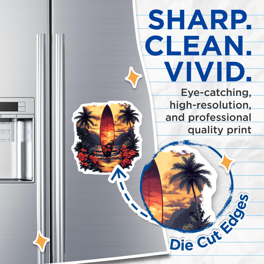 (2 Pack) Tropical Surfboard Magnets - Beach Sunset Scene - Ocean Lover Decor - Hawaiian Paradise Artwork - 5 Inches On Longest Side - Thick Durable Magnet - Made in USA - MAG28664