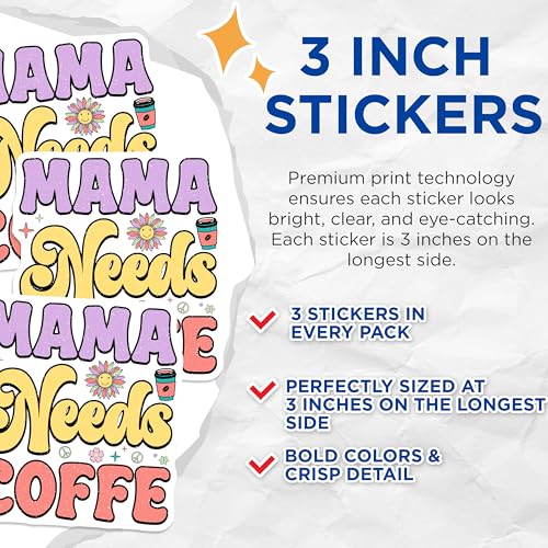 (3 Pack) Mama Needs Coffee Decals - Retro Mom Decals - Coffee Lover Sticker - 3 Inches On Longest Side - Easy Peel & Apply - Made in USA - 3MCS7728