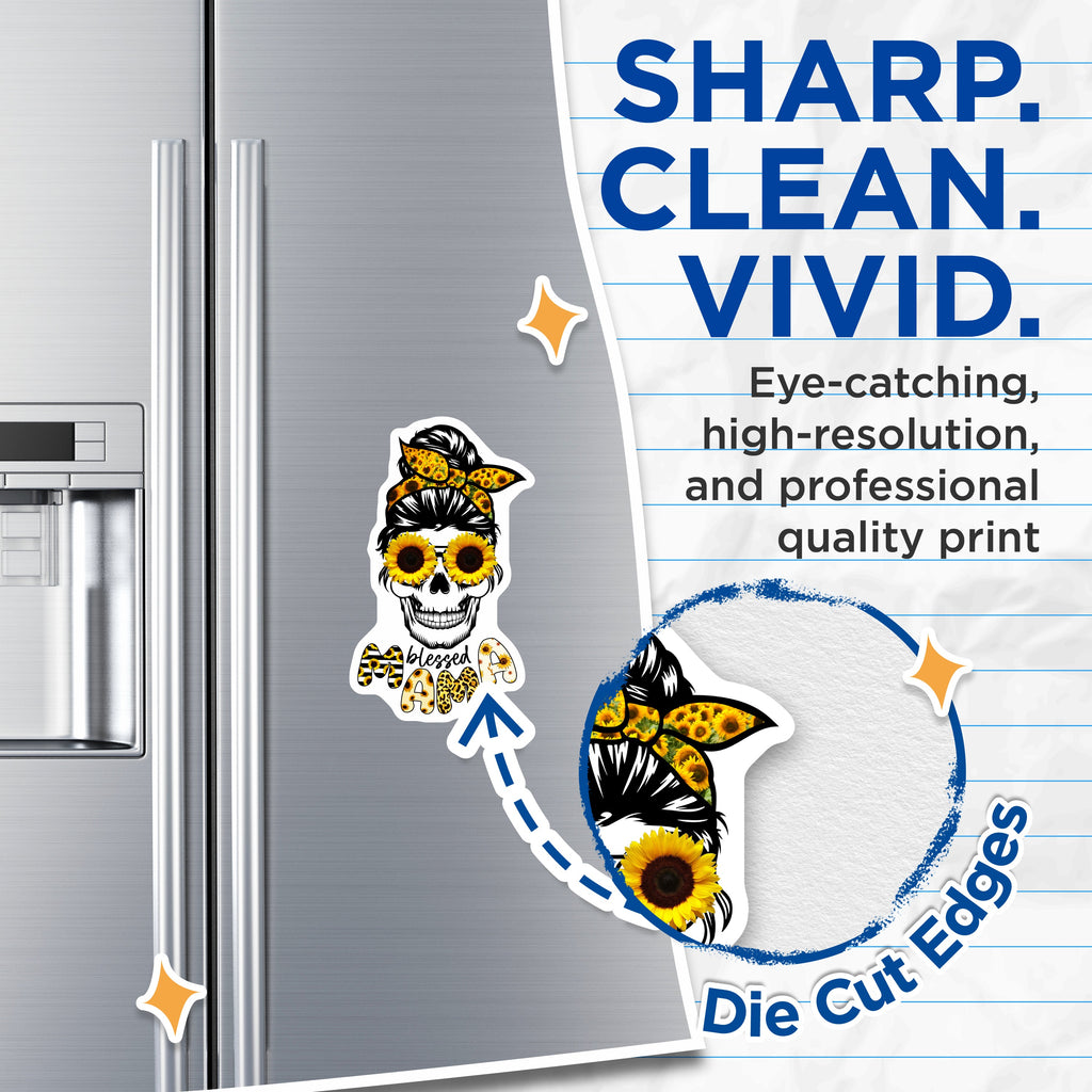 (2 Pack) Blessed Mama Skull Magnets - Sunflower Messy Bun Mom Life - Boho Leopard Print Refrigerator Decor - 5 Inches On Longest Side - Thick Durable Magnet - Made in USA - MAG39244