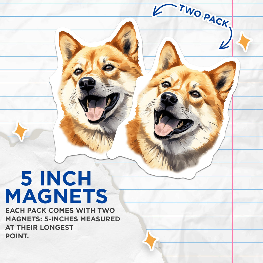 (2 Pack) Shiba Inu Magnets - Happy Dog Breed Artwork - Pet Parent Refrigerator Locker Decor - 5 Inches On Longest Side - Thick Durable Magnet - Made in USA - MAG28705