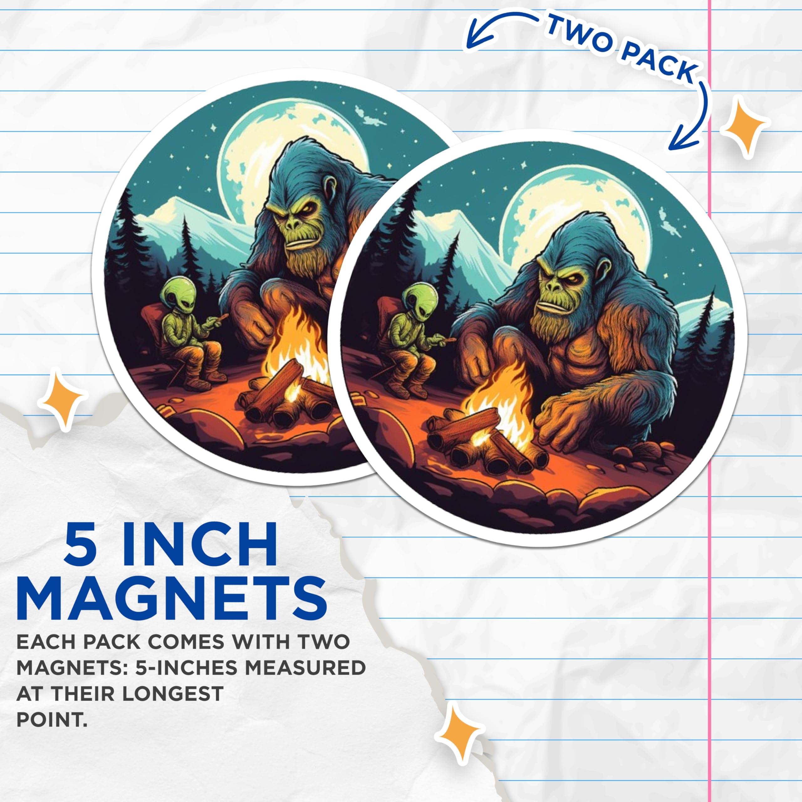 (2 Pack) Bigfoot Alien Magnets - Sasquatch Extraterrestrial Campfire - Cryptid UFO Forest Scene Decor - 5 Inches On Longest Side - Thick Durable Magnet - Made in USA - MAG22076
