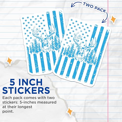 (2 Pack) Patriotic Deer Skull Stickers - Rustic Outdoor Decor Stickers - Wildlife American Flag Stickers - 5" On Longest Side - Sticks to Smooth Flat Surfaces - Made in USA - BMCS5563