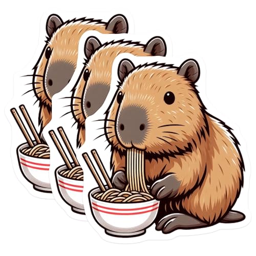 (3 Pack) Capybara Ramen Decals - Laptop Decals - Cute Animal Stickers - 3 Inches On Longest Side - Easy Peel & Apply - Made in USA - 3MCS8682