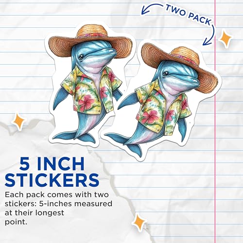 (2 Pack) Dolphin Stickers - Hawaiian Shirt Decal - Cute Animal Sticker - 5" On Longest Side - Sticks to Smooth Flat Surfaces - Made in USA - BMCS9522